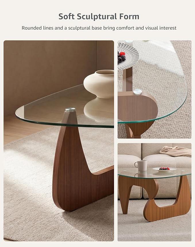 43.3" Triangle Coffee Table with Clear Glass Top and MDF Wood Base, Walnut Glass Coffee Table for Living Room, Mid Century Modern Center Table for Apartment, Sofa, Lounge, Reception