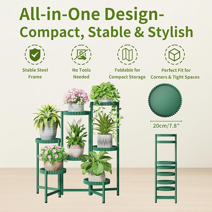 7 Tier Large Plant Stand Indoor, 7.9 Inch Wide Tall Corner Metal Plant Stands Outdoor for Multiple Plants, Folding Tiered Flower Display Holder Rack Shelf for Living Room Balcony Patio - GreenFloroma