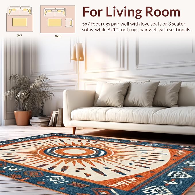 Flatwoven High Traffic Area Rug 5x7, Vintage Tribal Sunburst Motif, Non Slip, Stain Resistant, Washable Area Rugs for Living Room, Bedroom (Orange, 5x7)