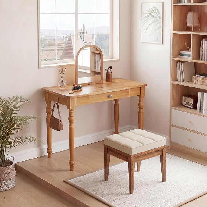 100% Solid Wood Desk with Drawers, 31 x 16 Inch Narrow Mid Century Modern Desk, Vintage Small Wooden Writing Table for Small Spaces Bedroom, Living Room, Office