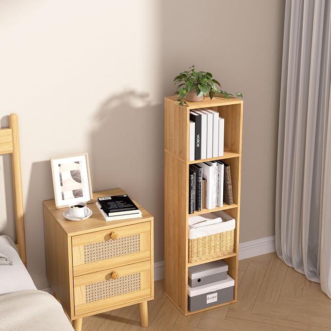 4-Tier Wooden Cube Storage Organizer, 42 Inch Tall Bookcase & Display Shelf with 4 Open Cubes, Freestanding DIY Closet Shelving Unit for Living Room Bedroom Office (Oak, 4 Cube-W(11.8inch)