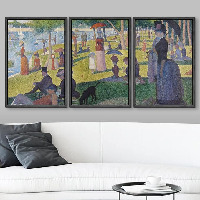 wall26 Framed Canvas Print Wall Art Set La Grande Jatte by Georges Seurat Cultural Historic Oil Painting Fine Art Reproduction Scenic Colorful for Living Room, Bedroom, Office - 24"x36"x3 Black