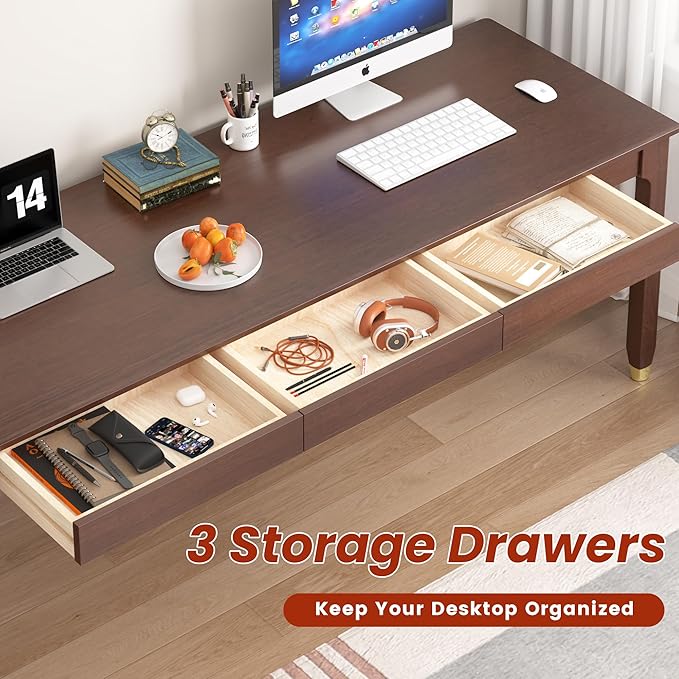 63 Inch Long Solid Wood Desk with Drawers - Mid Century Modern Office Desks, Executive Computer Desk for Two People, 2 Person Desk|Gaming Writing Study Table for 2 Monitors-Dark Walnut