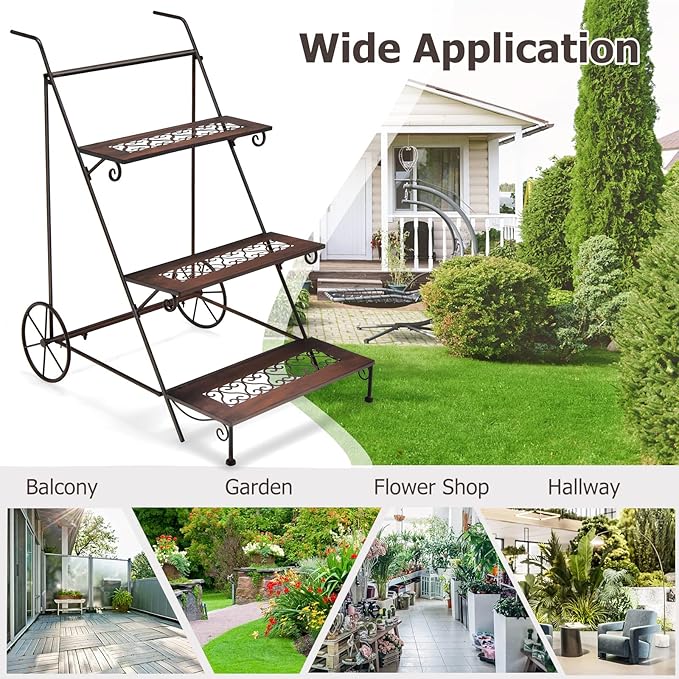 Giantex 3-Tier Metal Flower Cart, Ladder Shaped Plant Stand w/ Wheels & Handle, Exquisite Pattern, Rolling Garden Cart for Indoor & Outdoor, Folding Plant Holder for Balcony Garden Porch
