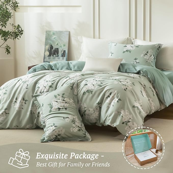MILDLY King Size Duvet Cover Set 100% Long-Staple Cotton Luxury Sage Green Floral Patten Reversible Comforter Cover Set 3Pcs