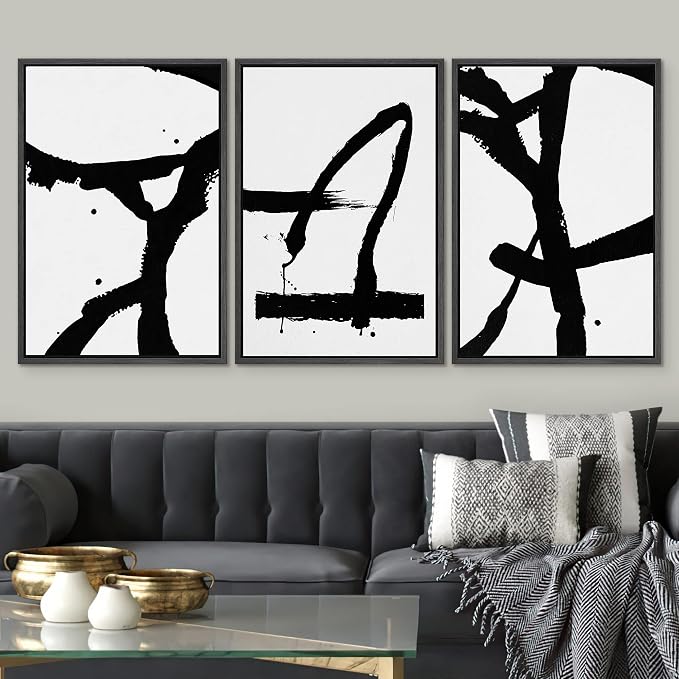 SIGNWIN Framed Canvas Print Wall Art Trio of Dark Paint Strokes Abstract Shapes Illustrations Modern Art Industrial Dramatic Black and White for Living Room, Bedroom, Office - 24"x36"x3 Black
