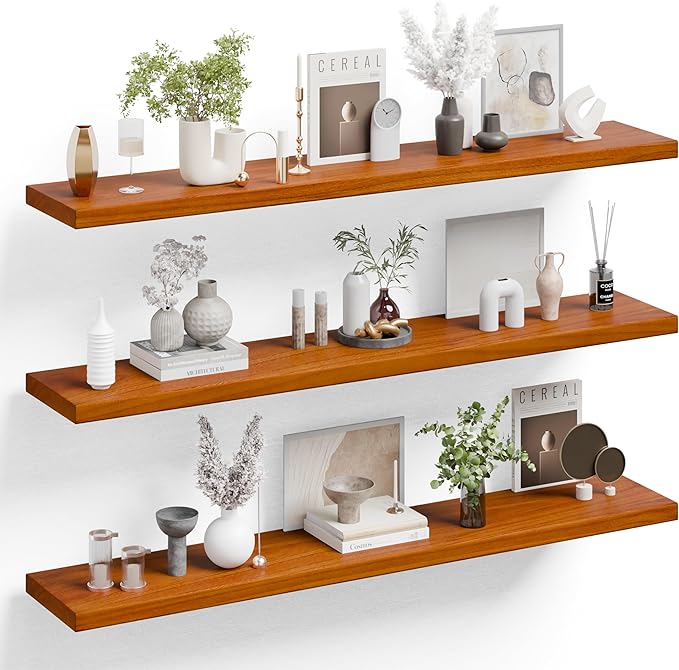IEO Long Wooden Floating Shelves for Room Wall, Natural Wood Floating Shelves Wall Mounted Kitchen Shelf for Living Room, Bedroom, Kitchen,Bathroom, Storage (Honey Oak, 48in 3tier)