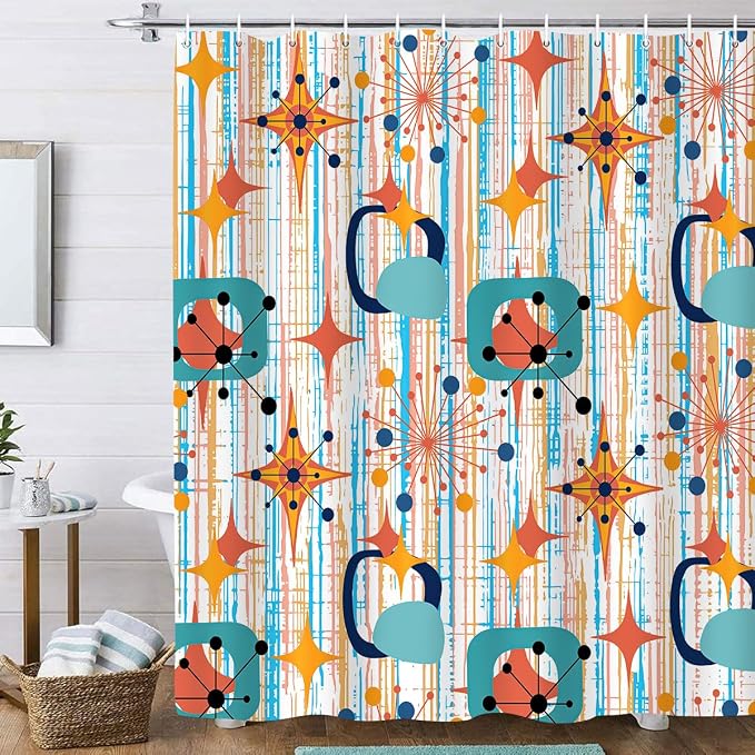 Mid Century Shower Curtain, 72x72inch, Modern Abstract Retro Colorful Striped Geometric Shower Curtain Sets 1950s Boho Bathroom Shower Curtain with 12 Hooks