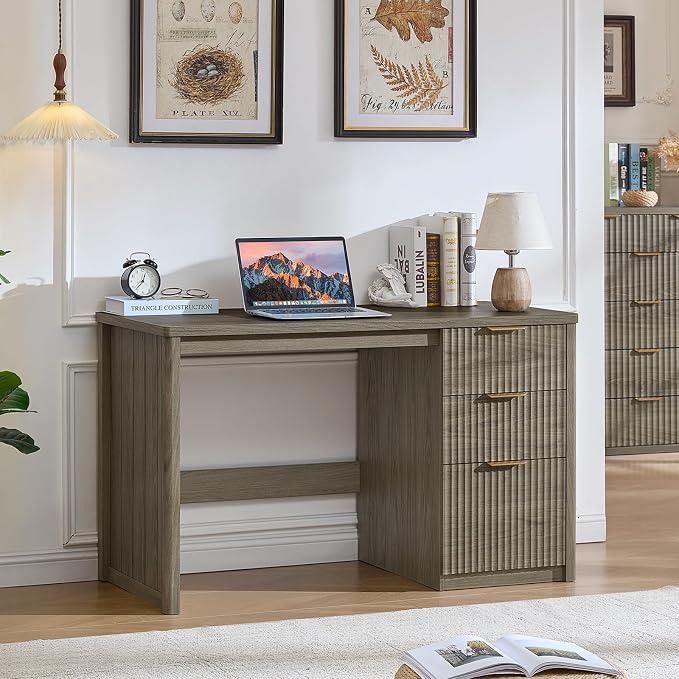 LEYAOYAO Office Desk 48" with 3 Drawers Storage File Cabinet Wood Fluted Desk for Computer Office Bedroom Home Furniture Grey
