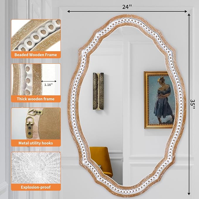 24x35 Inch Decorative Wooden Oval Wall Mirror, Rustic Farmhouse Bathroom Mirror Over Sink, Accent for Entryway, Living Room, Bedroom, Vertical or Horizontal Hanging