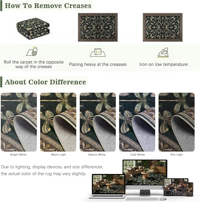 DCX 8x10 Washable Insect Rug, Vintage Gothic Black Rug with Non-Slip Rubber Backing, Soft Low-Pile, Stain-Resistant, Kid & Pet Friendly, for Living Room, Bedroom, Office, and Nature-Themed Decor