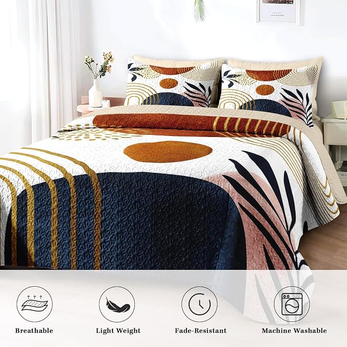 Pamnest Quilt Set Full/Queen Size, Gold Yellow Mid Century 3 Pcs Soft Bed Cover Bedding Set for Kids and Adults, Sun Boho Geometric Leaf Lightweight Bedspread Coverlet with Pillow Sham for All Season