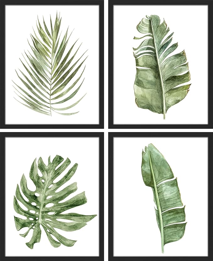 SIGNWIN Framed Banana Palm Monstera Leaf Wall Art, Set of 4 Green Pastel Wall Decor Prints, Nature Wilderness Wall D¨¦cor for Living Room, Bedroom - 12"x16" Black