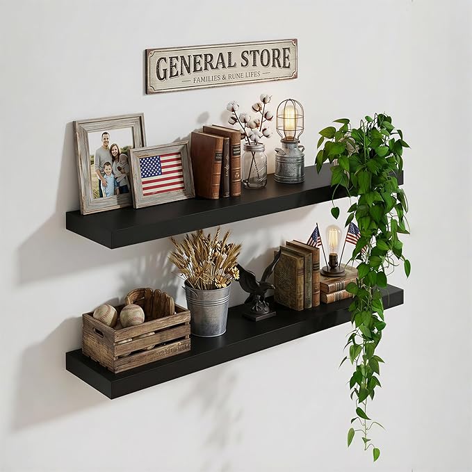 IAE Floating Wall Shelves 24 inch,Bathroom Shelf Wall Mounted,Invisible Shelves Floating Kitchen Shelving,Wooden Wall Shelf with Brackets for Living Room Wall Mounted,Easy Install,Set of 2,Black