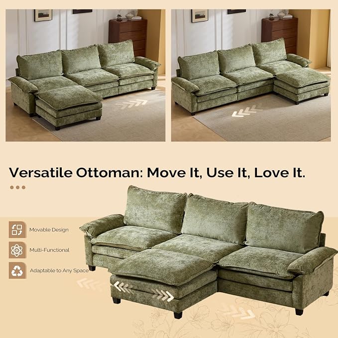 VINGLI 122" Cloud Double-Layer Deep Convertible Sectional Sofa, Comfy L-Shape 3-Seat Couches for Living Room, Modern Couch with Movable Ottoman for Small Space, Olive Green, Chenille