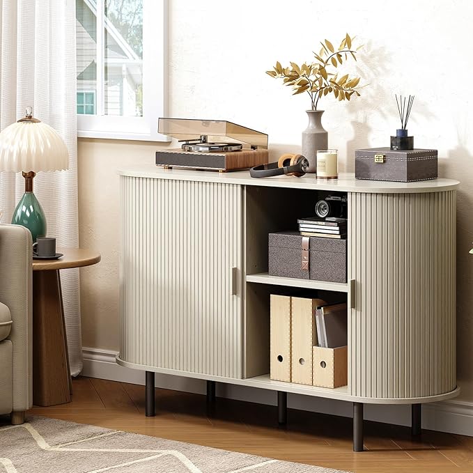 Buffet Cabinet with Storage, Fluted Sideboard Buffet with Sliding Door, Coffee Bar Cabinet with Adjustable Shelf, Console Table, Accent Table for Entryway, Kitchen (Natural White, 48 Inch)