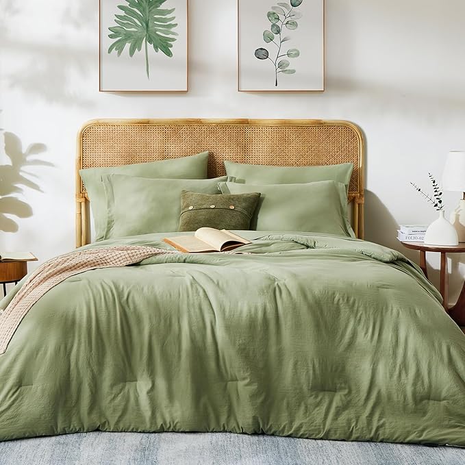 WRENSONGE California King Size Comforter Set- 7 Pieces Sage Green Bed in a Bag with Comforter, Fitted Sheet, Flat Sheet, 2 Pillow Shams, 2 Pillowcases, Warm Bedding Sets for All Season