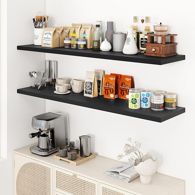 Dreamland 55" Floating Shelves for Wall, 12" Deep Slim Black Floating Shelves, Wall-Mounted Shelves for Bedroom, Living Room, Kitchen, Bathroom - Set of 2