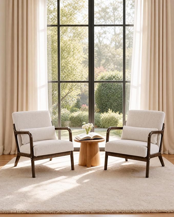 Garvee Mid-Century Accent Chair Set of 2, Cozy Reading Chair, Modern Lounge Armchair with Lumbar Pillow, Sturdy Wood Frame, for Living Room, Bedroom, Office, Beige, Fine Wale Corduroy Upholstery
