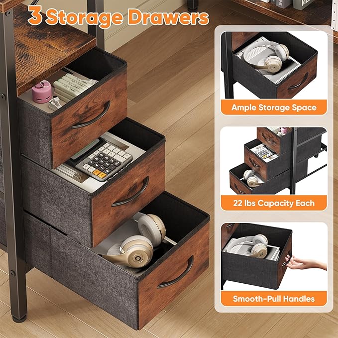 DUMOS L Shaped Desk with Shelf Drawers 55 Inch, Brown Corner Computer Desks Gaming with Power Outlet, Study Table with Adjustable Shelves, Home Office Tables for Bedroom Teacher Reading Writing