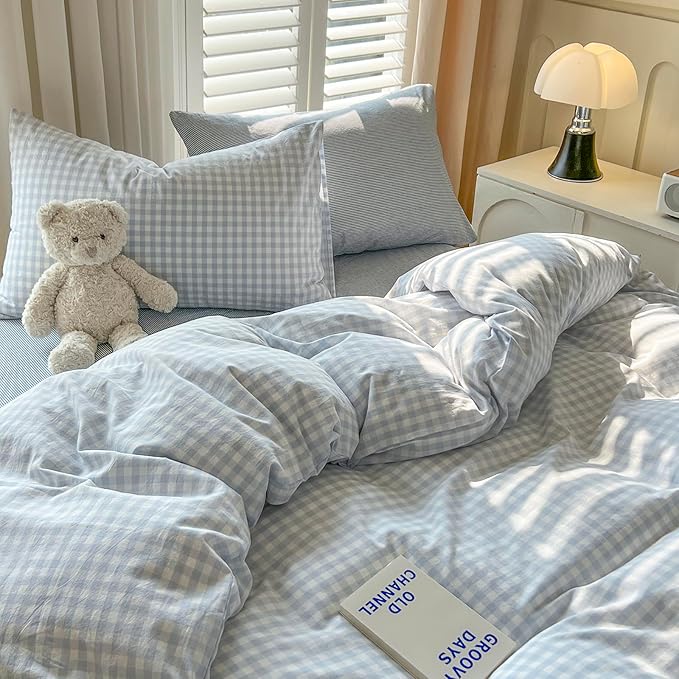 mixinni Light Blue Gingham Duvet Cover Set Full Size - 100% Washed Cotton 3 Piece Plaid Checkered Bedding Set, Soft Comfy Grid Farmhouse Comforter Cover with Zipper Closure & Corner Ties