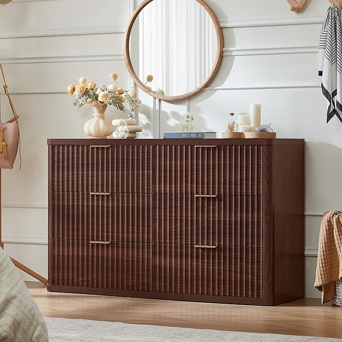 LEYAOYAO Fluted 6 Drawers Dresser Set of 2, 48" Wide Modern Chest of Drawers with Metal Handle, Walnut Curved Profile Dresser TV Stand, Wooden Drawer Organizer for Bedroom, Living Room, Hallway