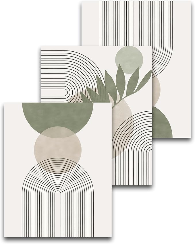 HesenDot Unframed Boho Sage Green Canvas Prints,12x16in Botanical Line Poster,Set of 3 Abstract Geometric Posters Decor,Minimalist Modern Green Artwork for Living Room Bedroom Bathroom Home, Unframed