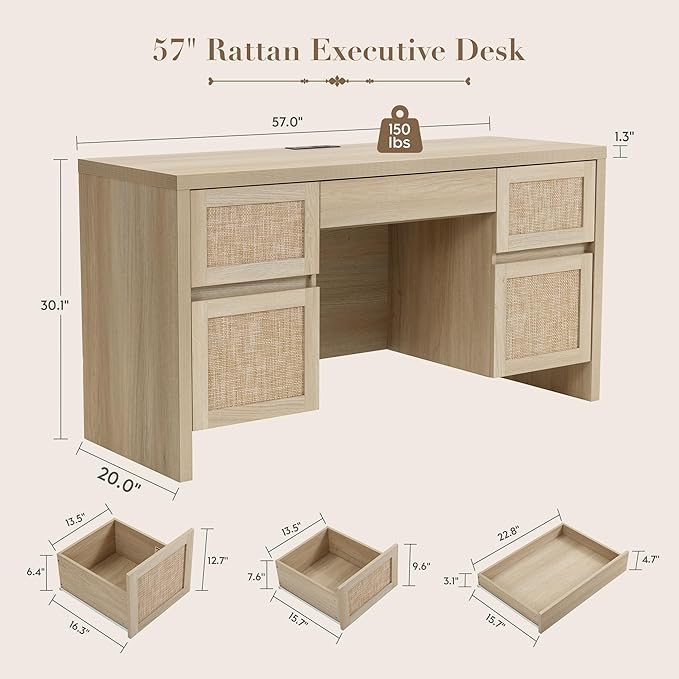 Yechen Executive Desk with 5 Drawers, 57" Modern Rattan Home Office Desk with Charging Station, File Drawer, Farmhouse Boho Computer Writing Desk for Study, Work, Light Beige