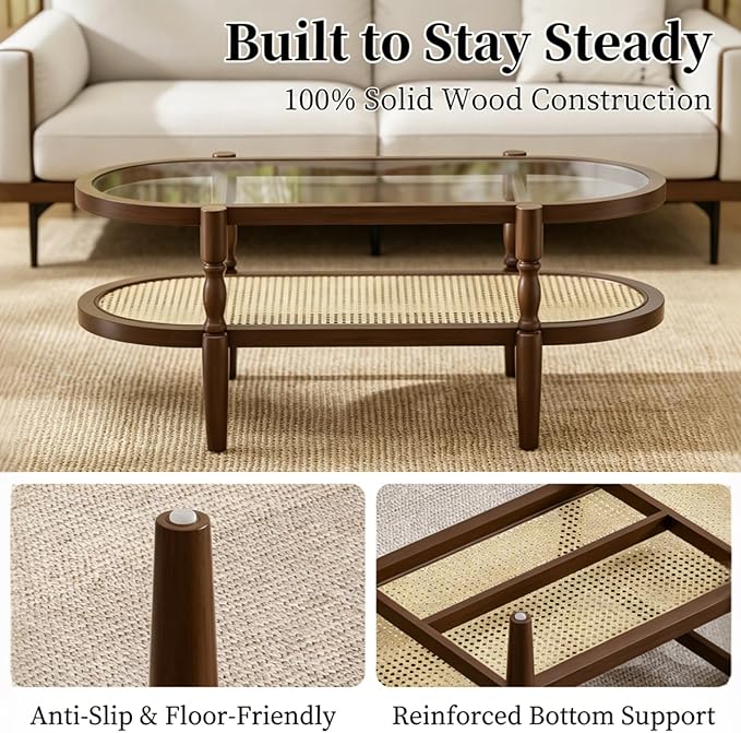 Rattan Coffee Table, Oval Cocktail Table with Glass Top and Solid Wood Frame, Boho Indoor & Outdoor Coffee Table, Walnut, 40 in