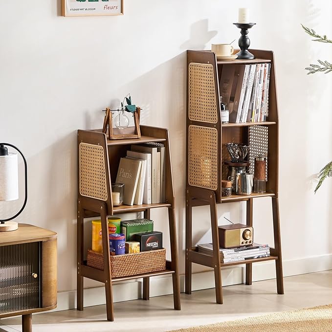Welnow Bamboo Rattan Bookcase with Cabinet, 1-Tier Storage Shelf with Side Table & End Table Function, Large Modern Wood Organizer for Living Room or Bedroom, Walnut Bookshelf
