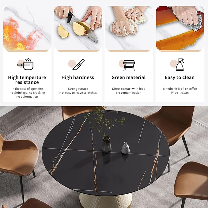 53.15" Round Dining Table, Mid Century Modern Dining Table with PU Base for 6-8 Person, Dining Room Table for Dining Room Kitchen,Living Room, Restaurant, Black