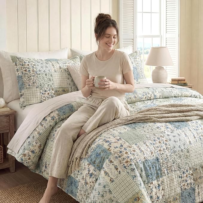 Blue Floral Duvet Cover Set Twin Size 100% Cotton Botanical Patchwork Vintage Bedding Quilt Cover All Season 2 Pieces Soft Lightweight Comforter Cover