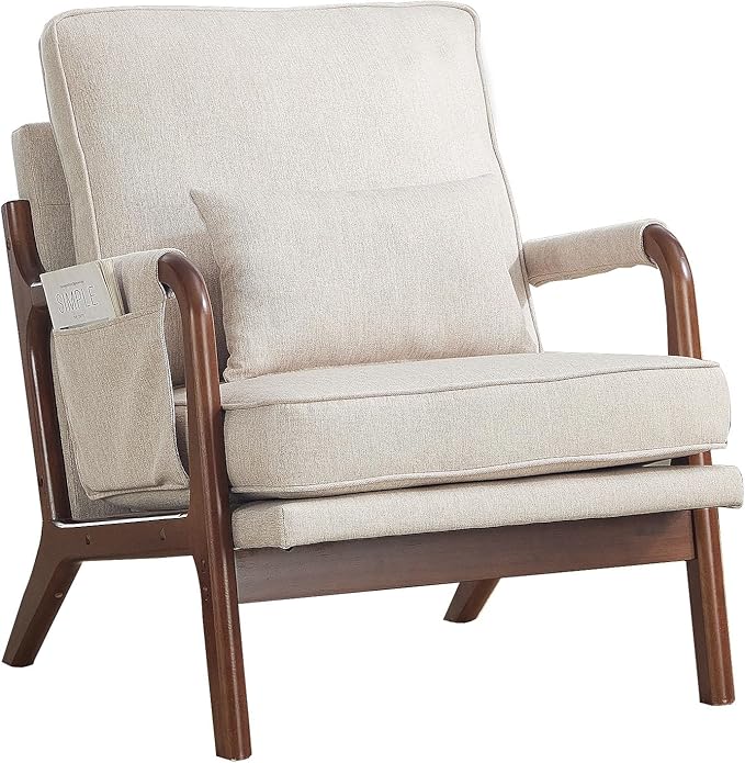 ANJ Mid Century Modern Accent Chair, Lounge Reading Armchair with Extra Side Pocket & Detachable Cushion, Comfy Fabric Accent Chairs for Living Room, Bedroom,Beige