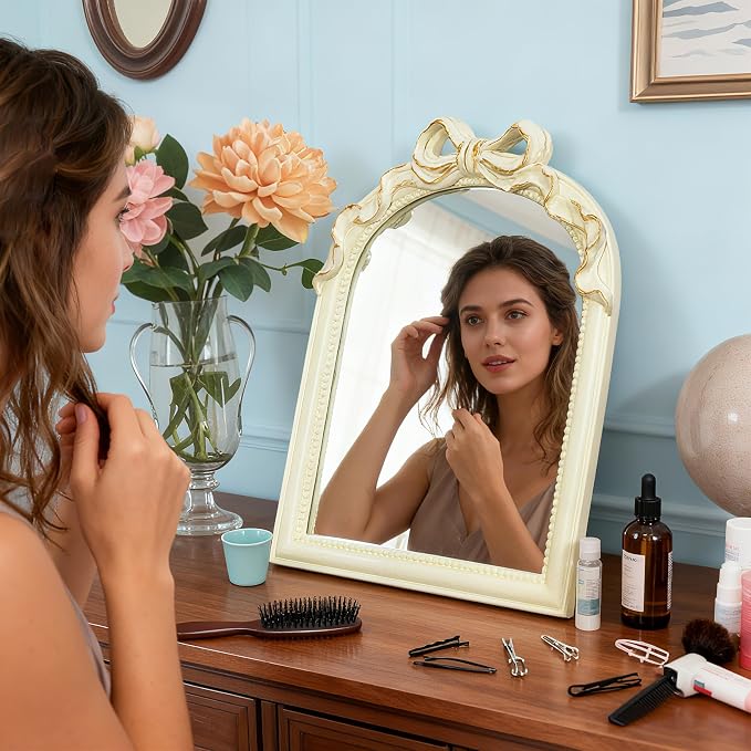 Cream Bow Mirror - 13x10 Inch Elegant Decorative Accent, Wall-Mounted & Tabletop Makeup Mirror for Bedroom Decor