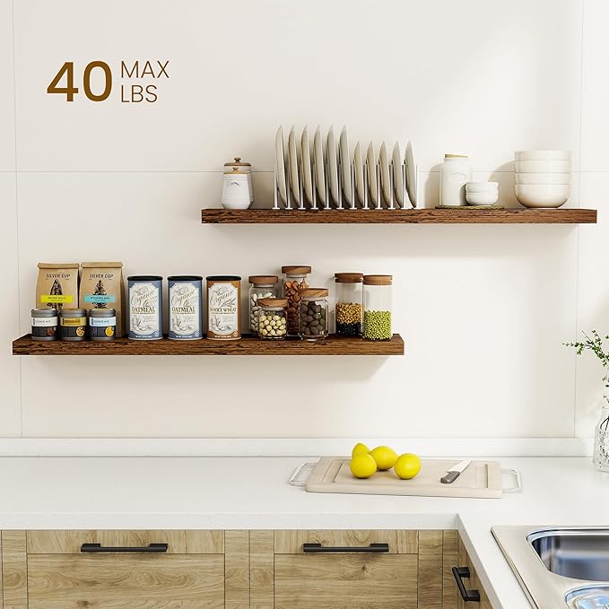 Dreamland 40Inch Floating Shelves for Wall, Rustic Wooden Storage Shelf for Living Room, Kitchen, Farmhouse, Wall Mounted Display Shelving with Invisible Heavy-Duty Metal Bracket, Set of 2 - Brown