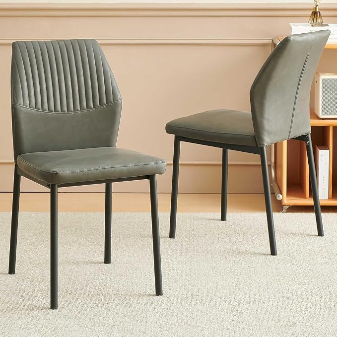 Dining Chairs Set of 2, PU Leather Dining Room Chairs, Comfortable Upholstered Kitchen Chair with Black Metal Legs for Living Room, Dining Room, Dark Grey