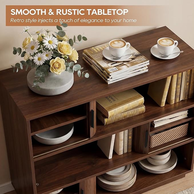 44" Fluted Sideboard Buffet Cabinet with Sliding Doors & Adjustable Shelves, 3-Tier Mid-Century Modern Storage Credenza for Living Room Kitchen Entryway, Wood Coffee Bar Console Table