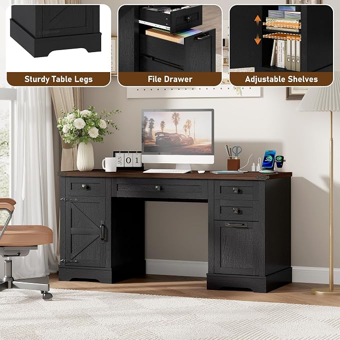 Squireewo 58'' Farmhouse Home Office Desk with Drawers, Wooden Executive Desk with Charging Station, File Drawers and Storage Cabinet, Computer Desk for Work, Study and Writing, Black