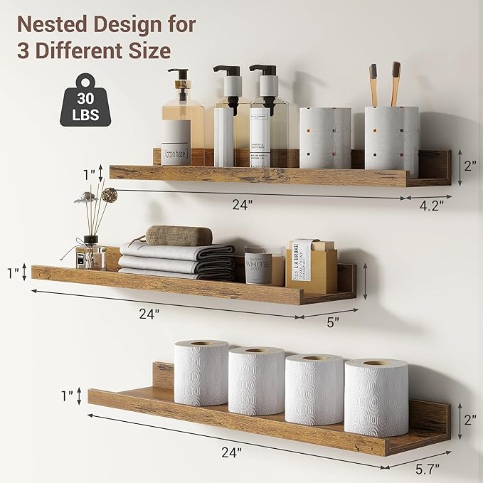 Axeman Picture Ledge Shelf | 24 Inch Brown Floating Shelves Set of 3 | Rustic Brown Wood Wall Shelves with Lip | 24" Picture Shelf for Wall with Ledge | Photo Shelves