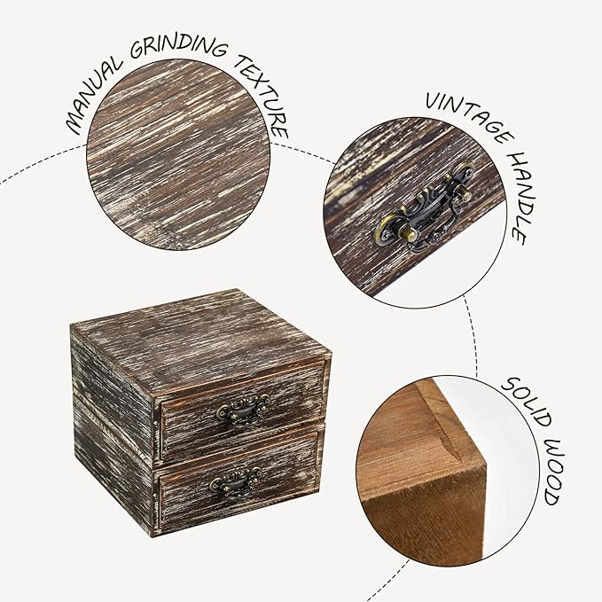 OKSQW Office Desk Organizer Drawers Dark Brown Vintage 2pcs/set Small Wood Desktop Storage Box Farmhouse Kitchen Countertop Organizer Makeup Storage Box for Workspace Home Toiletries Supplies Vanity