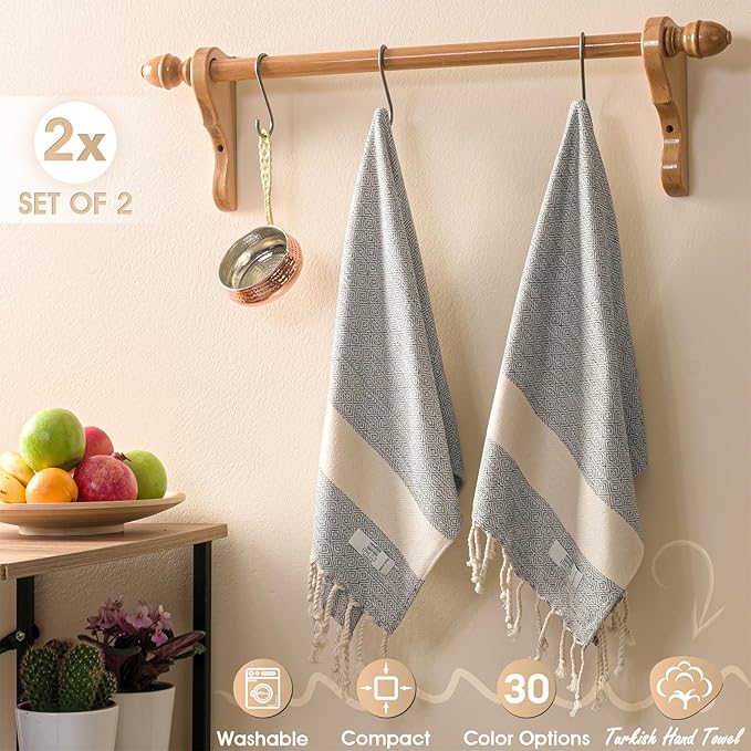 Hand Towels - Set of 2 | 18" x 30" - Decorative Turkish Hand Towel for Bathroom, Kitchen, Guest, Face, Hair, Tea, Dishcloth (Diamond, Light Grey)
