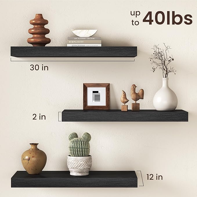 30Inch Black Floating Shelves for Wall, 12 Inch Deep Shelves for Bedroom, Kitchen, Bathroom Wall Mounted, Rustic Wood Floating Shelf with Invisible Brackets for Books, Storage, Decor, 2 Packs
