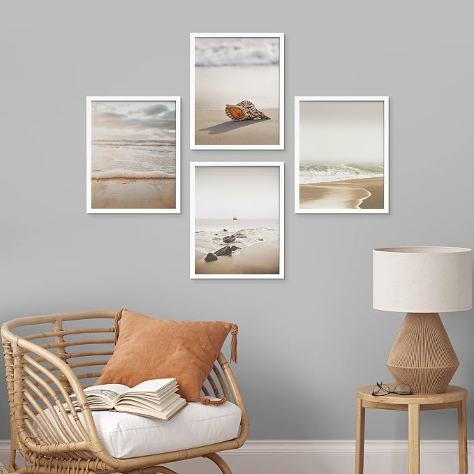 SIGNWIN Framed White Minimal Beach Shore Ocean Sea Seashell Wall Art, Set of 4 Landscape Colorful Wall Decor Prints, Nature Wilderness Wall Décor for Living Room, Bedroom - 12"x16" White