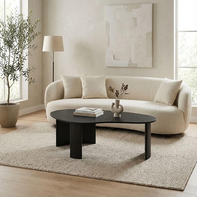 Modern Black Wood Coffee Table 47.25 Inch for Living Room, Sturdy Center Table with Irregular Mango Top and Fluted Legs for Small Apartment