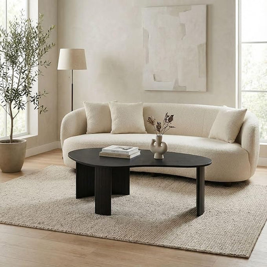 Modern Black Wood Coffee Table 47.25 Inch for Living Room, Sturdy Center Table with Irregular Mango Top and Fluted Legs for Small Apartment