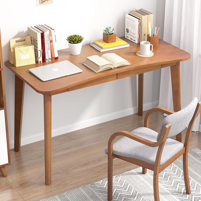 100% Solid Wood Desk with Drawers - 48 x 24 Inch Home Office Computer Desks, Modern Writing Desk with Drawers, Simple Study Table Makeup Vanity - Walnut Vintage Desks