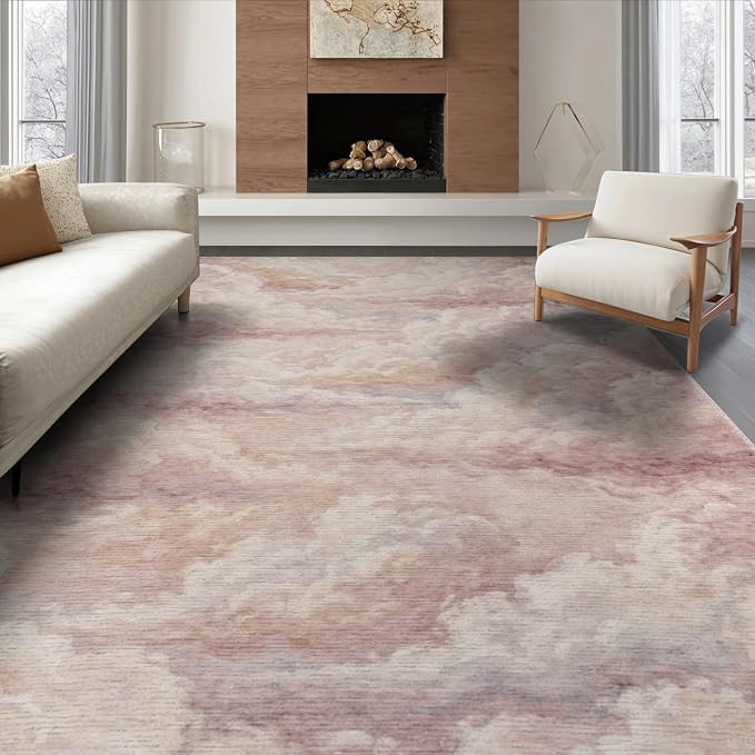 8'x10' Washable Flatwoven Rug, Cream Watercolor Abstract Stain Resistant Extra Large Carpet Non-Slip Chair-Friendly Mat for Dining Room, Large Office, Lounge | Ref:2208254