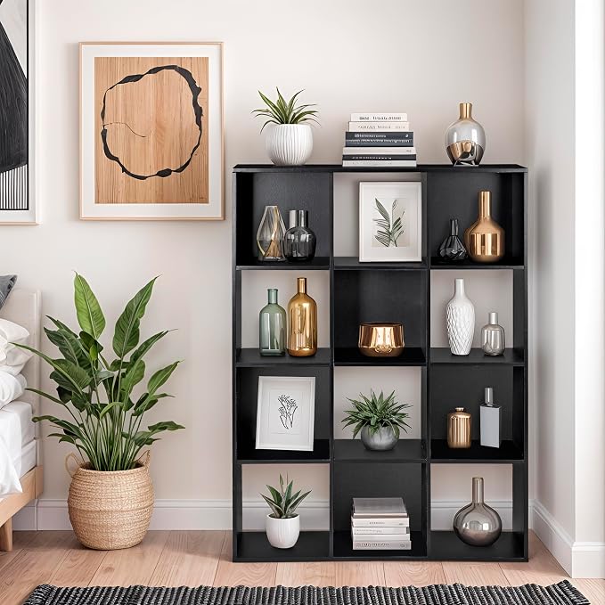 12 Cube Storage Organizer, Storage Shelf Organizer Bookshelf with Open Back, Open Shelf Bookcase, Wood Cubby Closet Cabinet Display Unit with 6 Removable Back Panels for Living Room Bedroom, Black