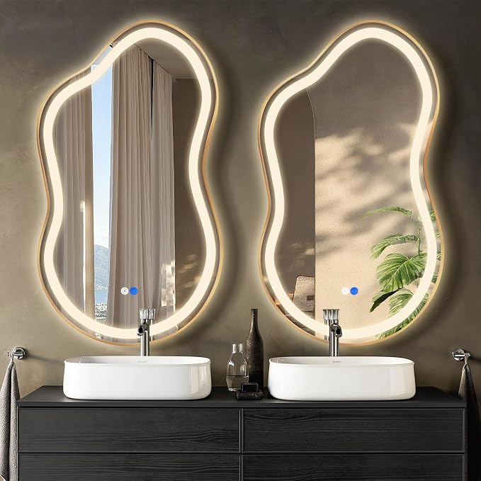 Irregular Led Backlit Bathroom Mirror -26"x46" Single Piece, Asymmetrical Cloud Lighted Vanity Mirror with Lights for Wall, Anit-Fog, Dimmable, Memory (Vertical/Horizontal)