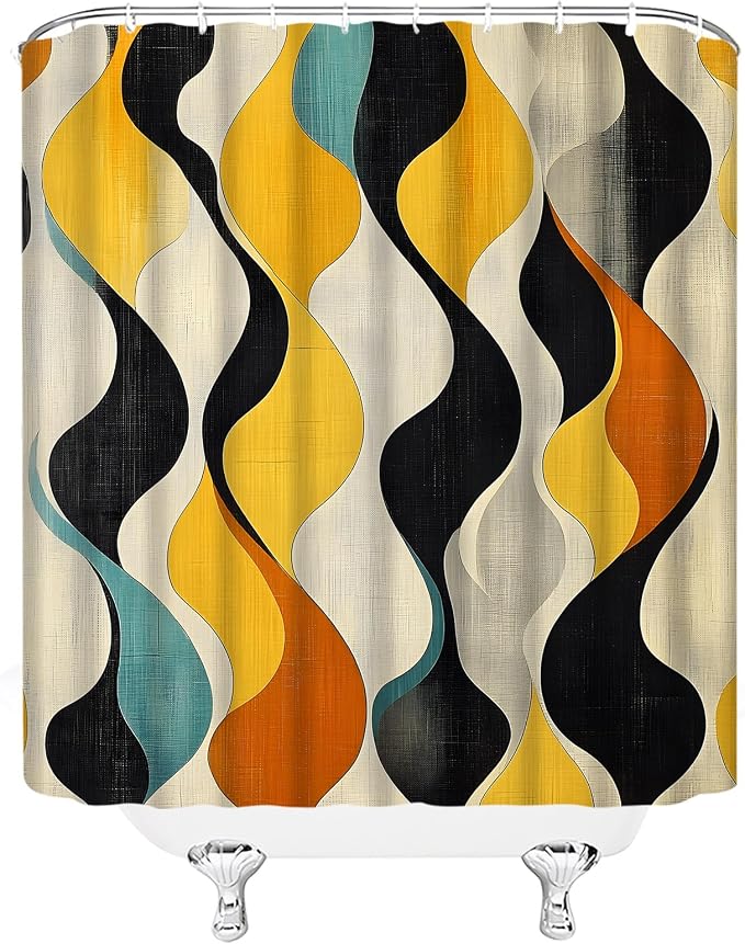Mid Century Shower Curtain Boho Minimalist Modern Abstract Aesthetic Geometric Striped Atomic Retro Earthy Fabric Bathroom Decor Set with Hooks(180" Wx70 H)
